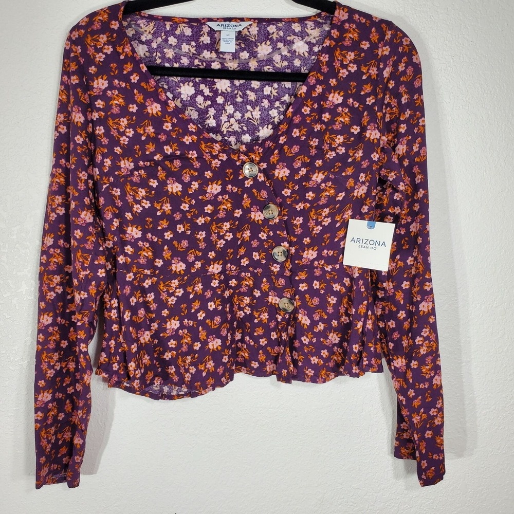 Arizona Jean Co. Womens XS Extra Small Top Floral Button-Down Long Sleeve Rayon - Picture 10 of 10